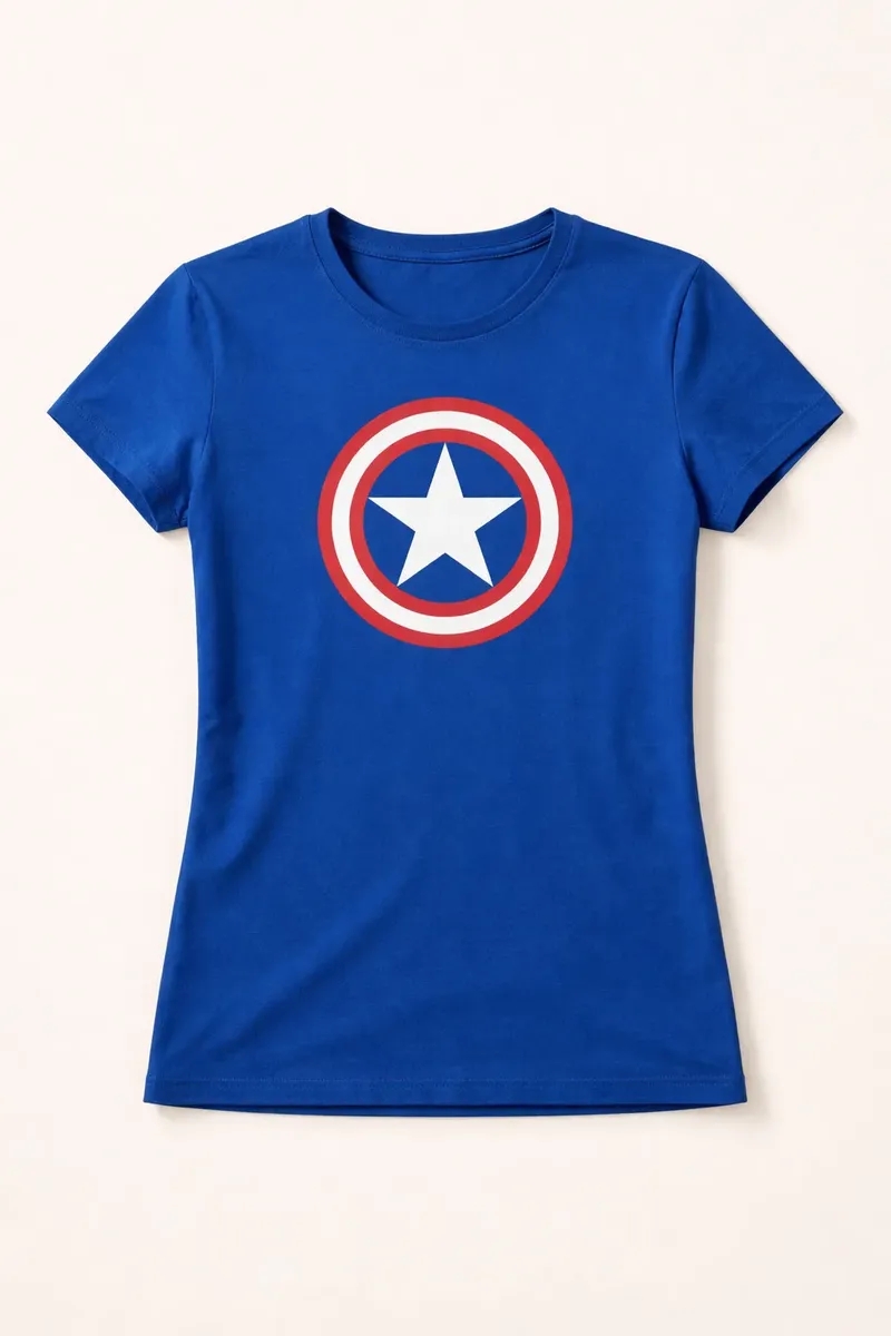 Camiseta Azul Manga Curta Baby Look Capitão América mlc