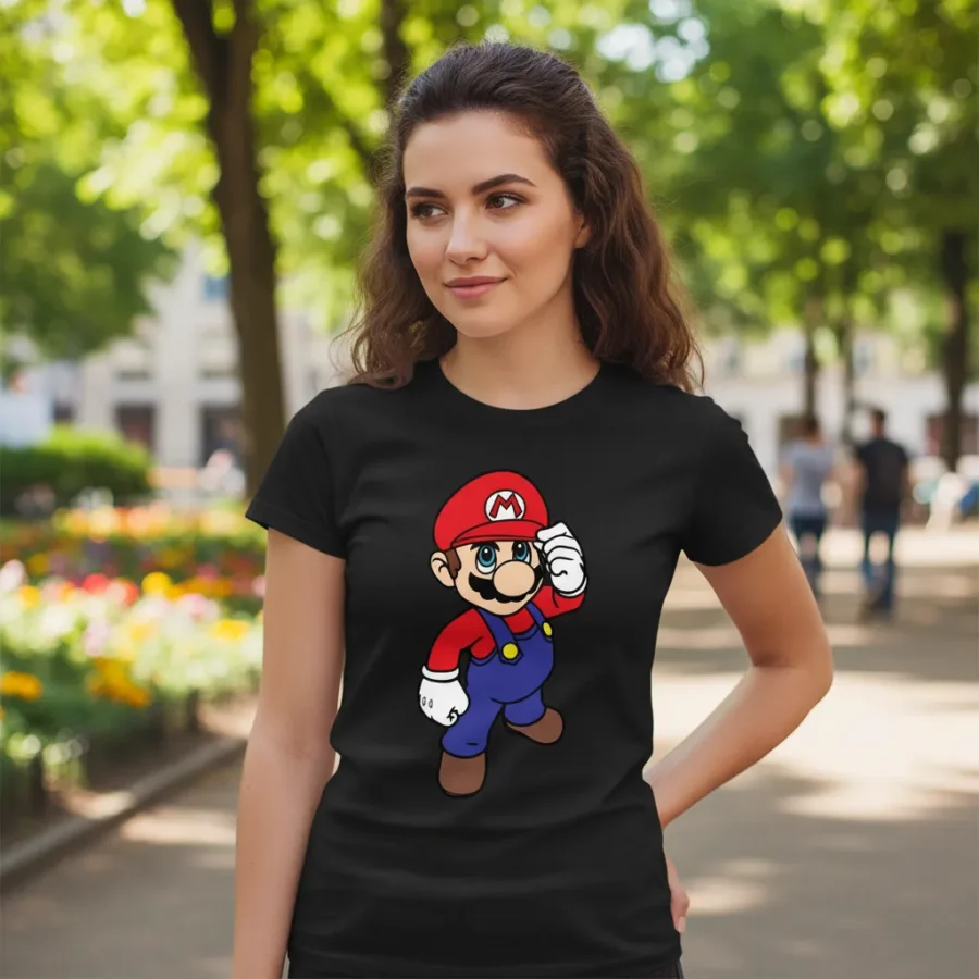Camiseta Preta Feminina Baby Look Mario Bros Mod. 2 mlr