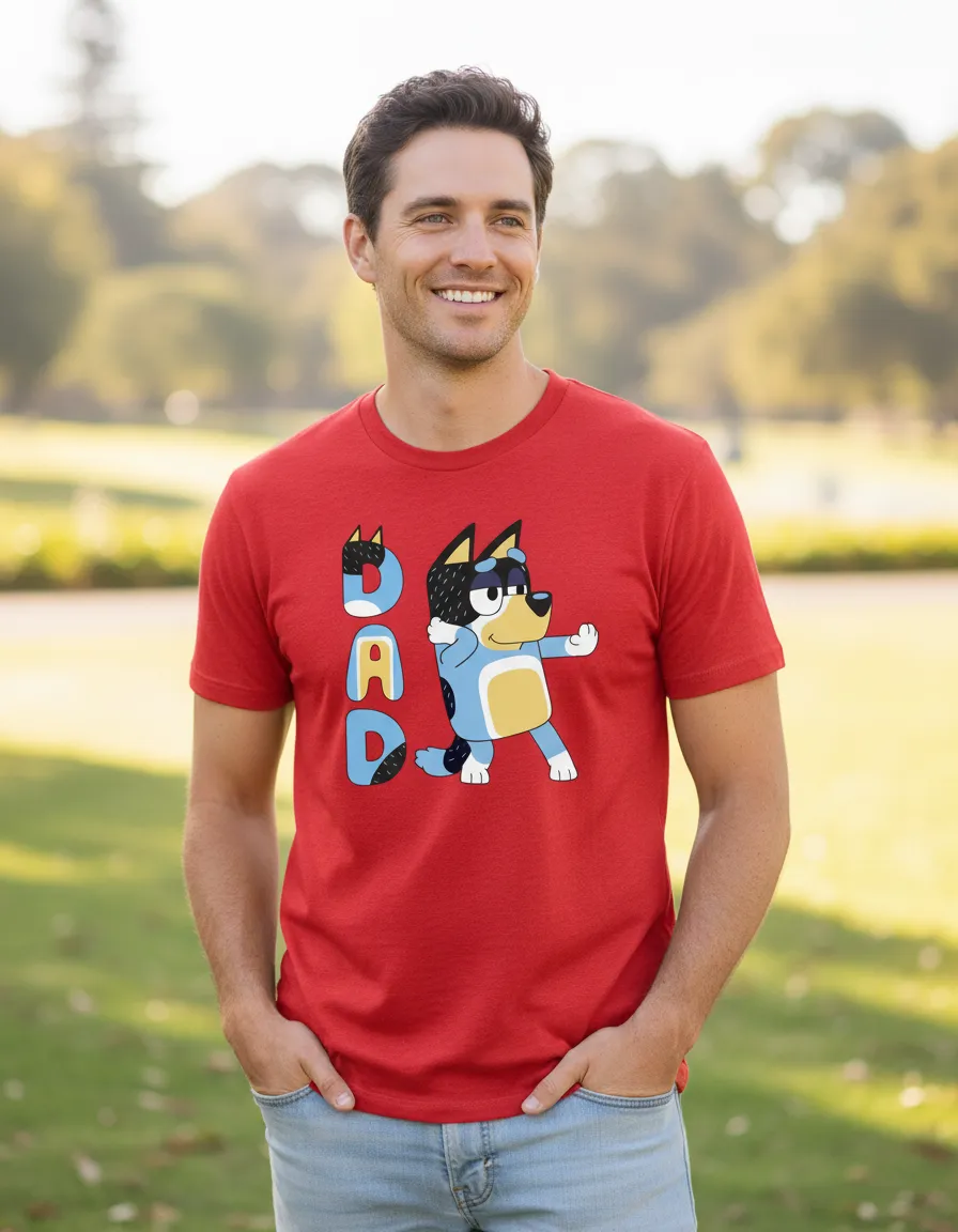 Camiseta Masculina Desenho Pai Bluey Bandit Tradicional Cor Vermelha mlc