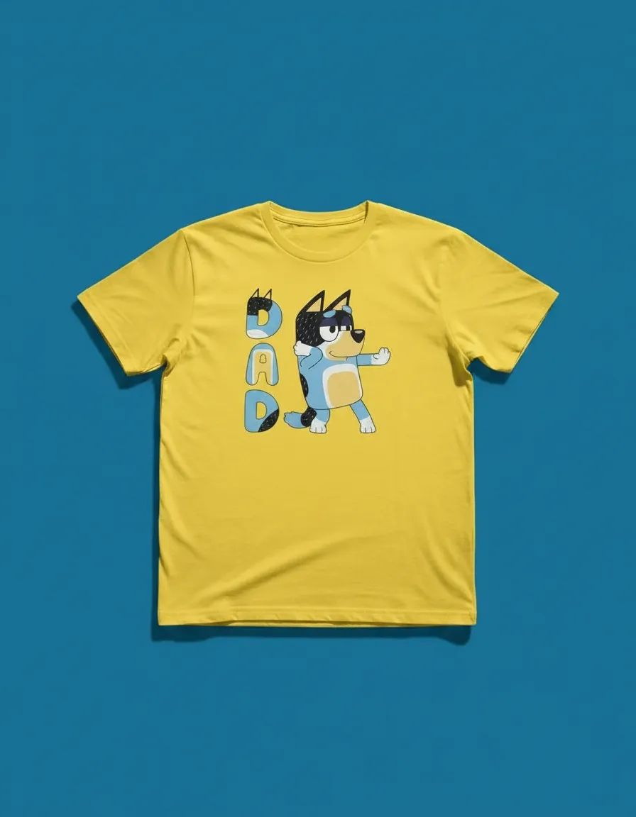 Camiseta Amarela Manga Curta Adulto Unissex Bluey Bandit Pai Silk Screen Manual Premium mlc