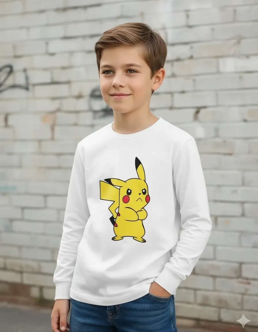 Camiseta Manga Longa Branca Infantil Pikachu