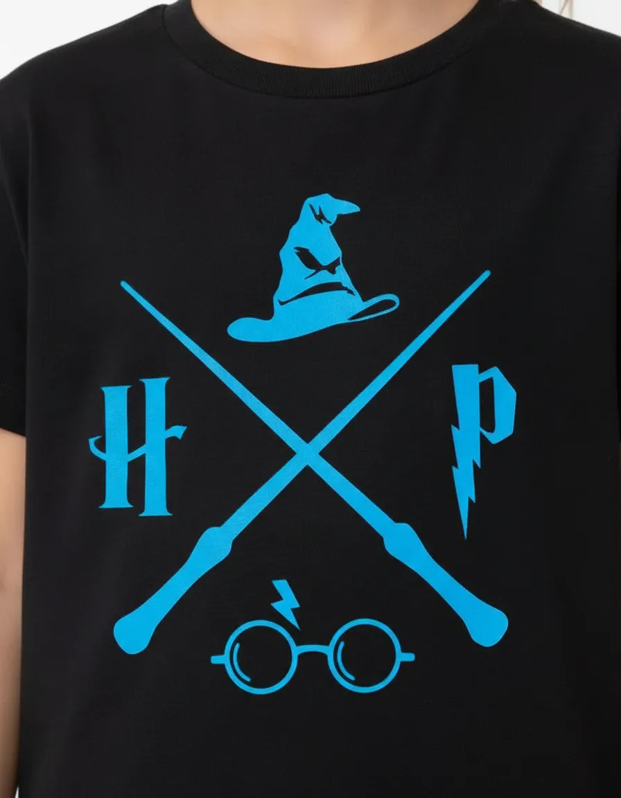 Camiseta Manga Curta Menino Menina Infantil Preta Harry Potter Logo Azul Estampa Silk Screen Manual Mercado Livre