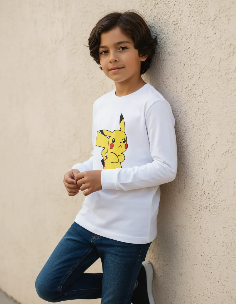 Camiseta Manga Longa Branca Infantil Pikachu