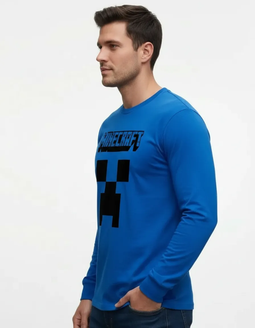 Camiseta Manga Comprida Adulto Unissex Azul Minecraft Creeper mlc