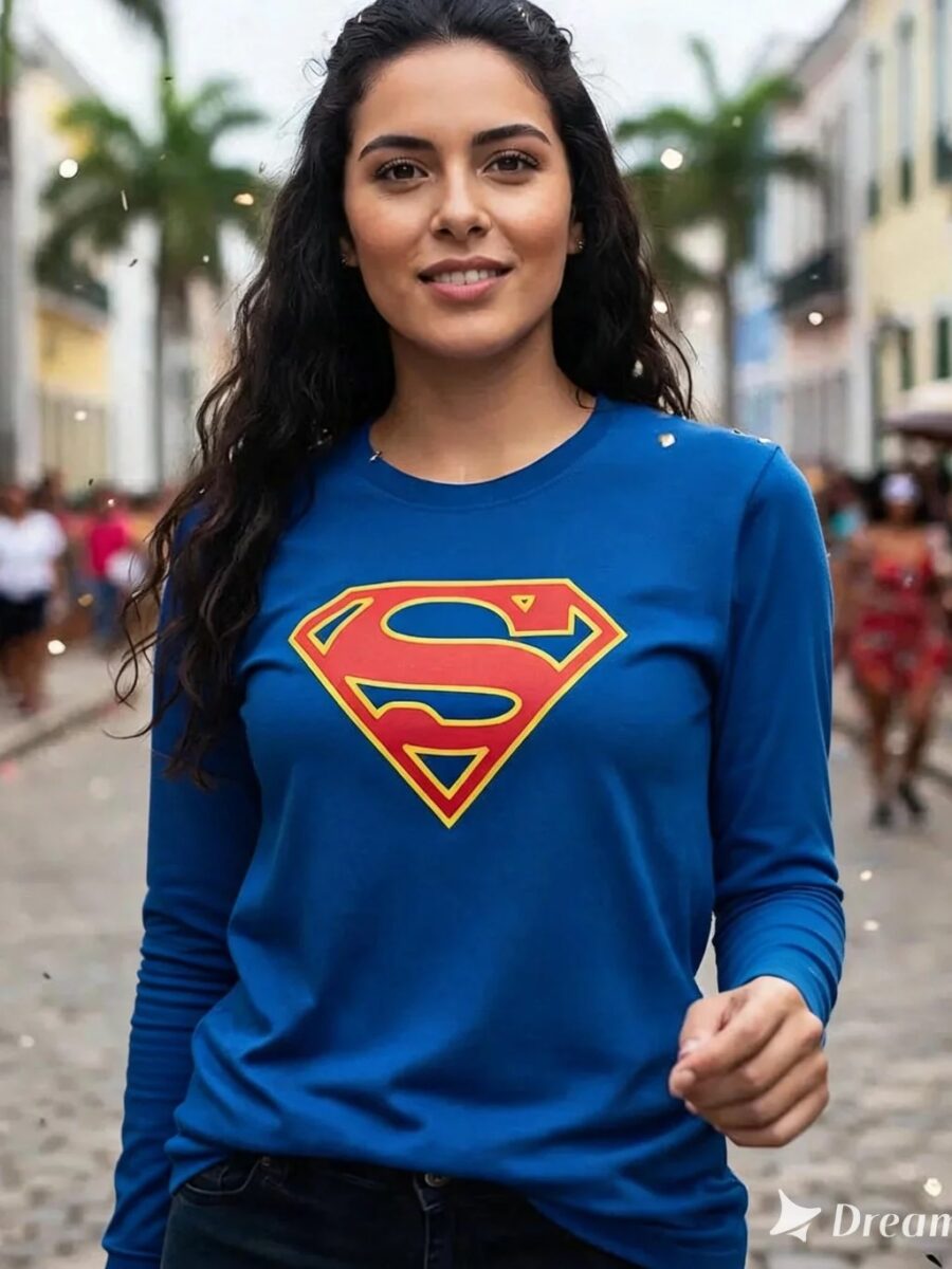 Camiseta Manga Longa Baby Look Azul Supergirl mlr