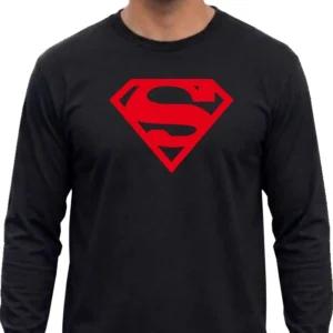 Camiseta Manga Longa Preta Adulto Super Homem Logo Vermelho mlc
