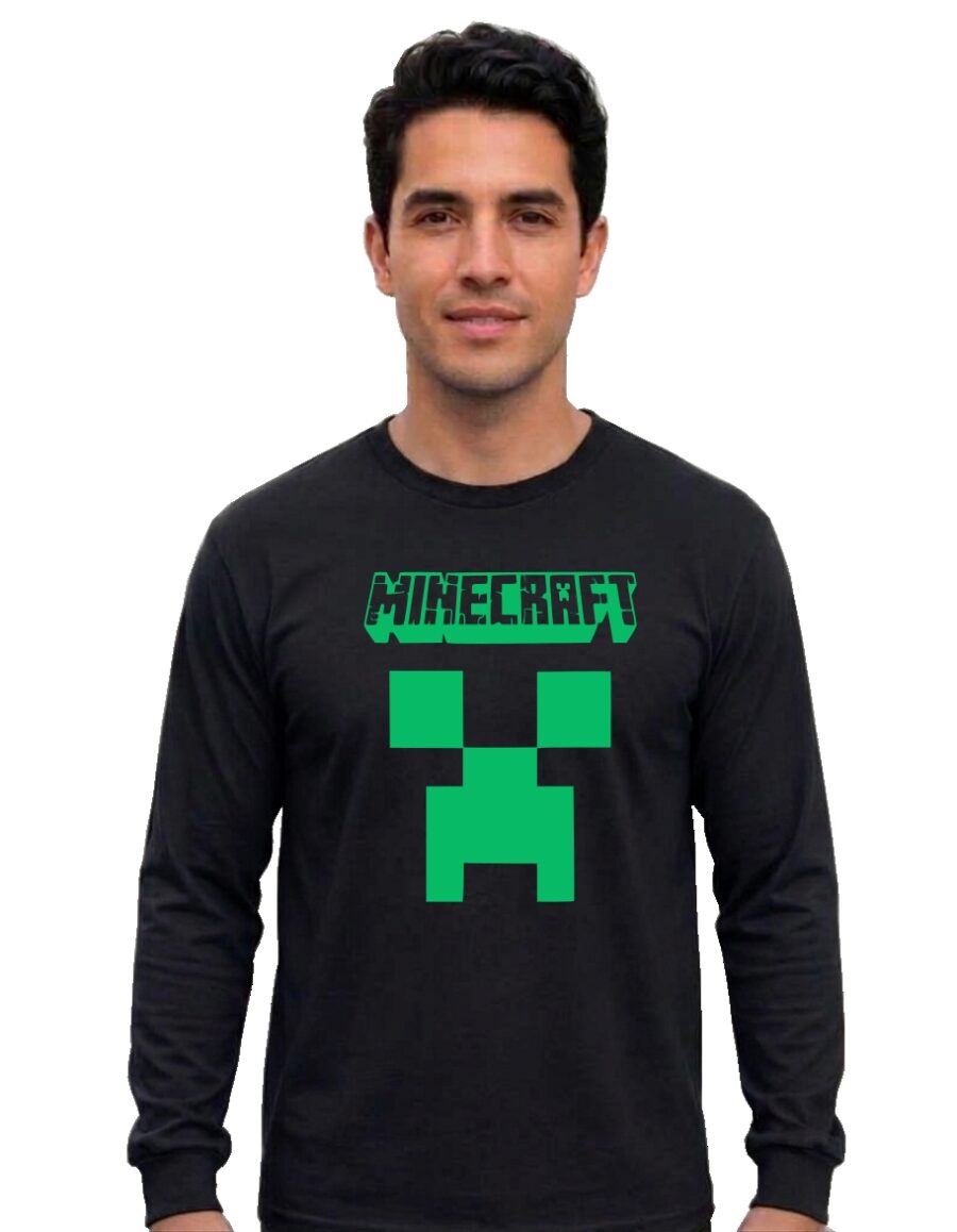 Camiseta Manga Comprida Adulto Unissex Preta Minecraft Creeper mlc