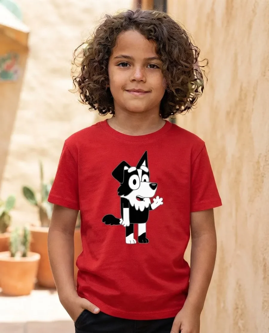 Camiseta Vermelha Manga Curta Infantil Bluey Mackenzie mlr