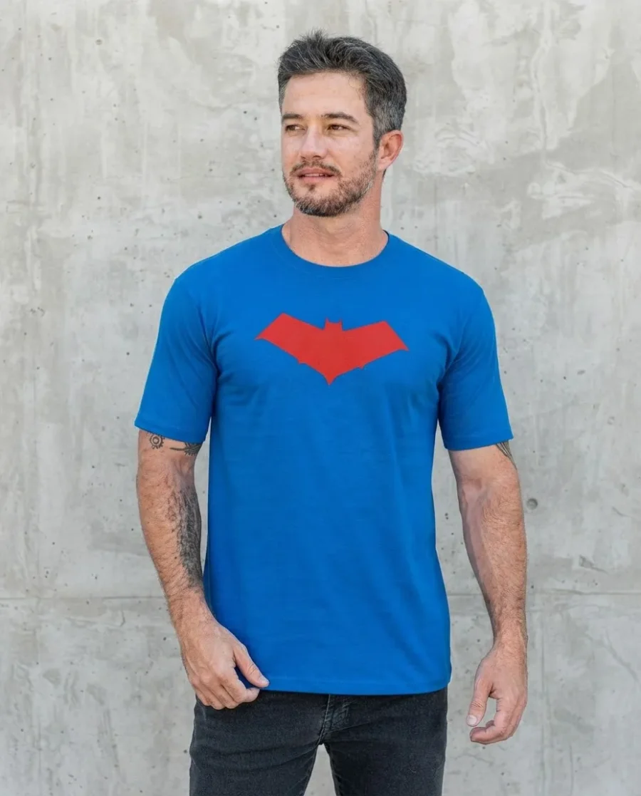 Camiseta Azul Ss Adulto Capuz Vermelho mlc