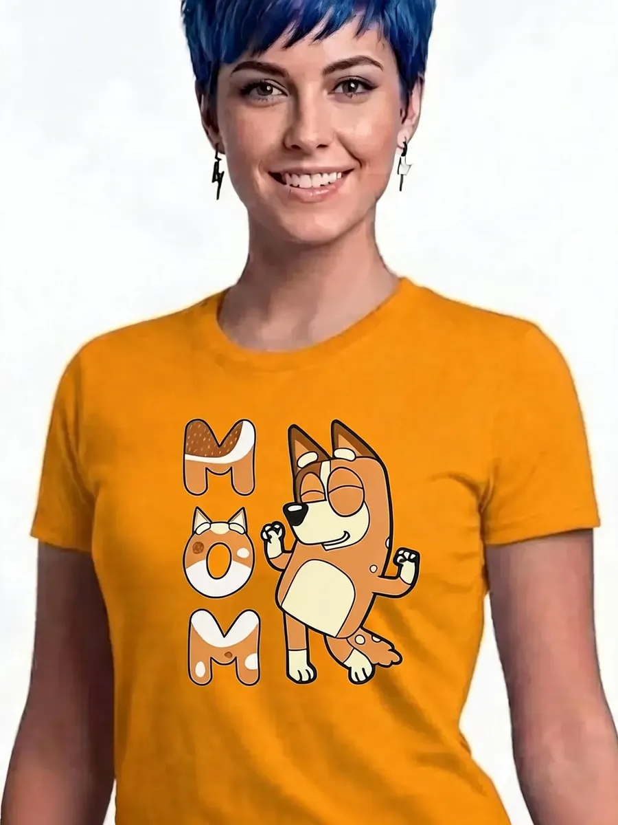 Camiseta Laranja Baby Look Feminina Bluey Mãe mlr