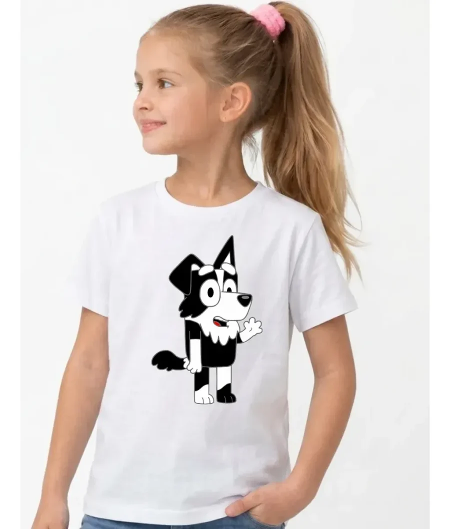 Camiseta Branca Manga Curta Infantil Bluey Mackenzie mlr