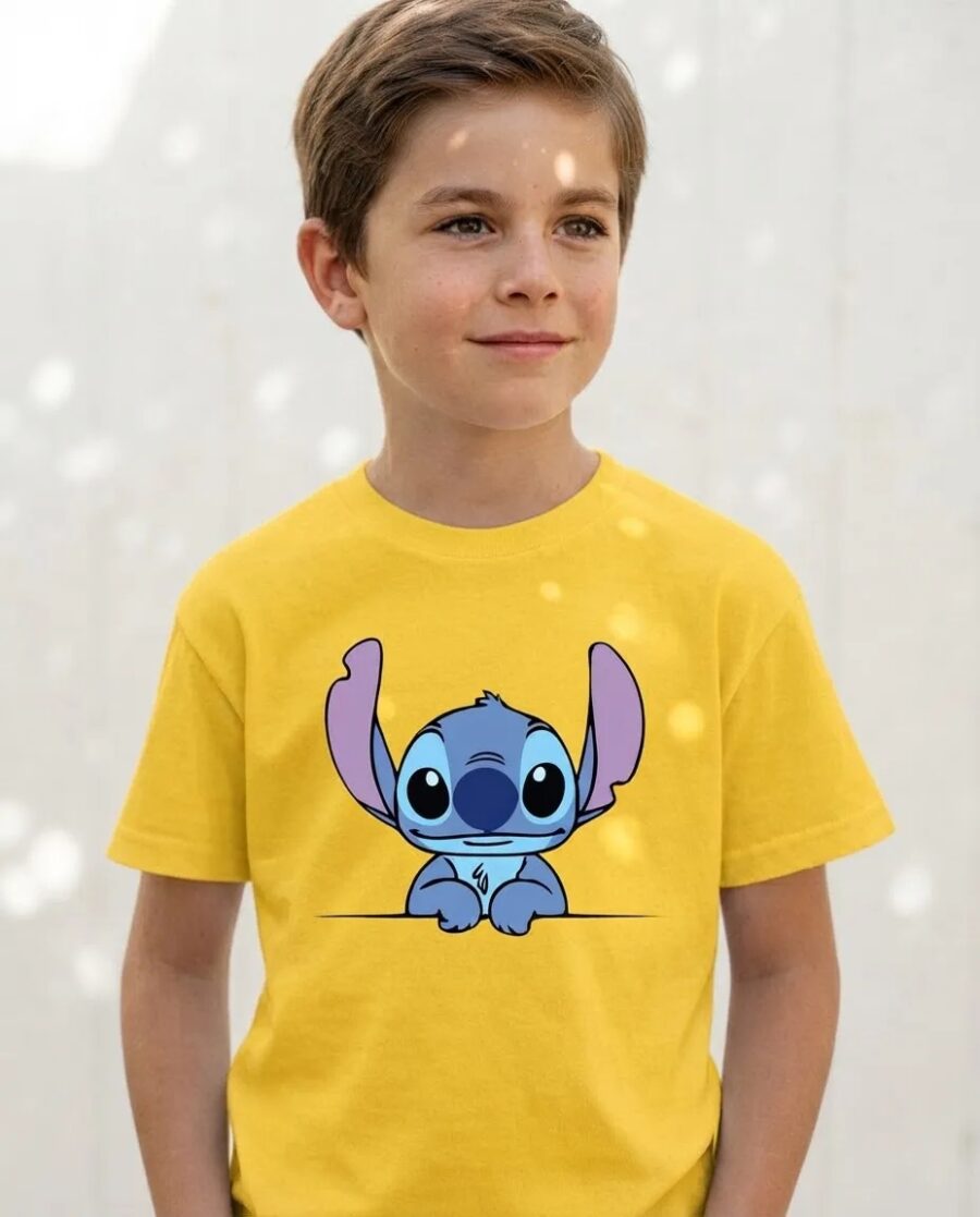 Camiseta Amarela Infantil Unissex Stitch mlc
