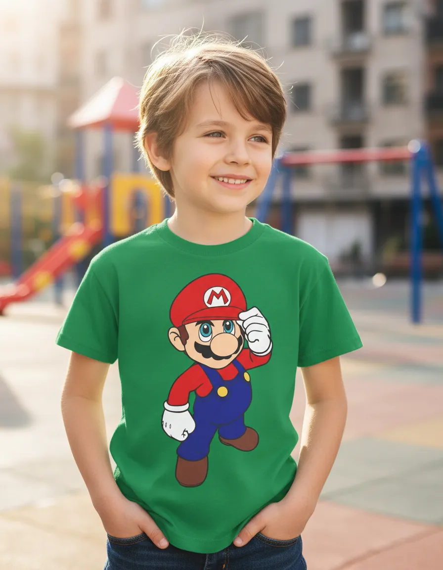 1 Camiseta Verde Infantil Unissex Super Mario Bros Mod 2 mlr