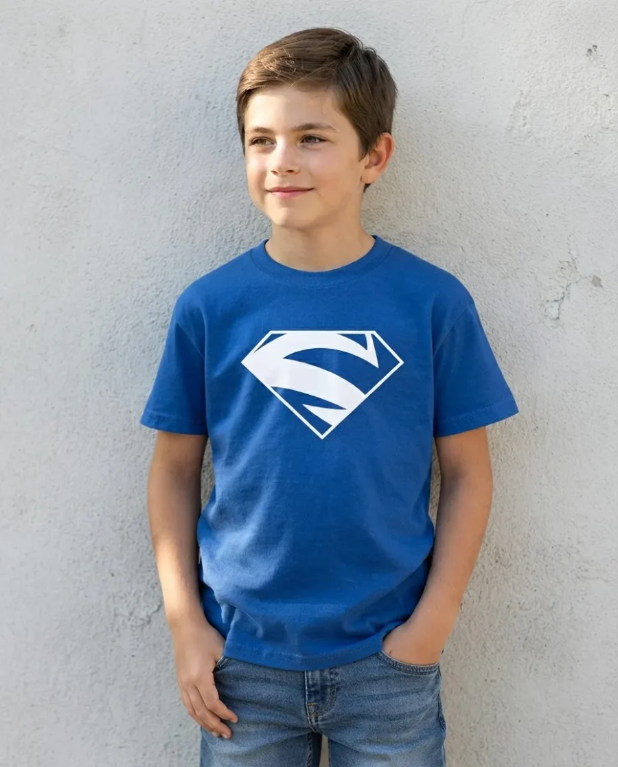 Camiseta Azul Infantil Unissex Super Homem Elétrico mlc