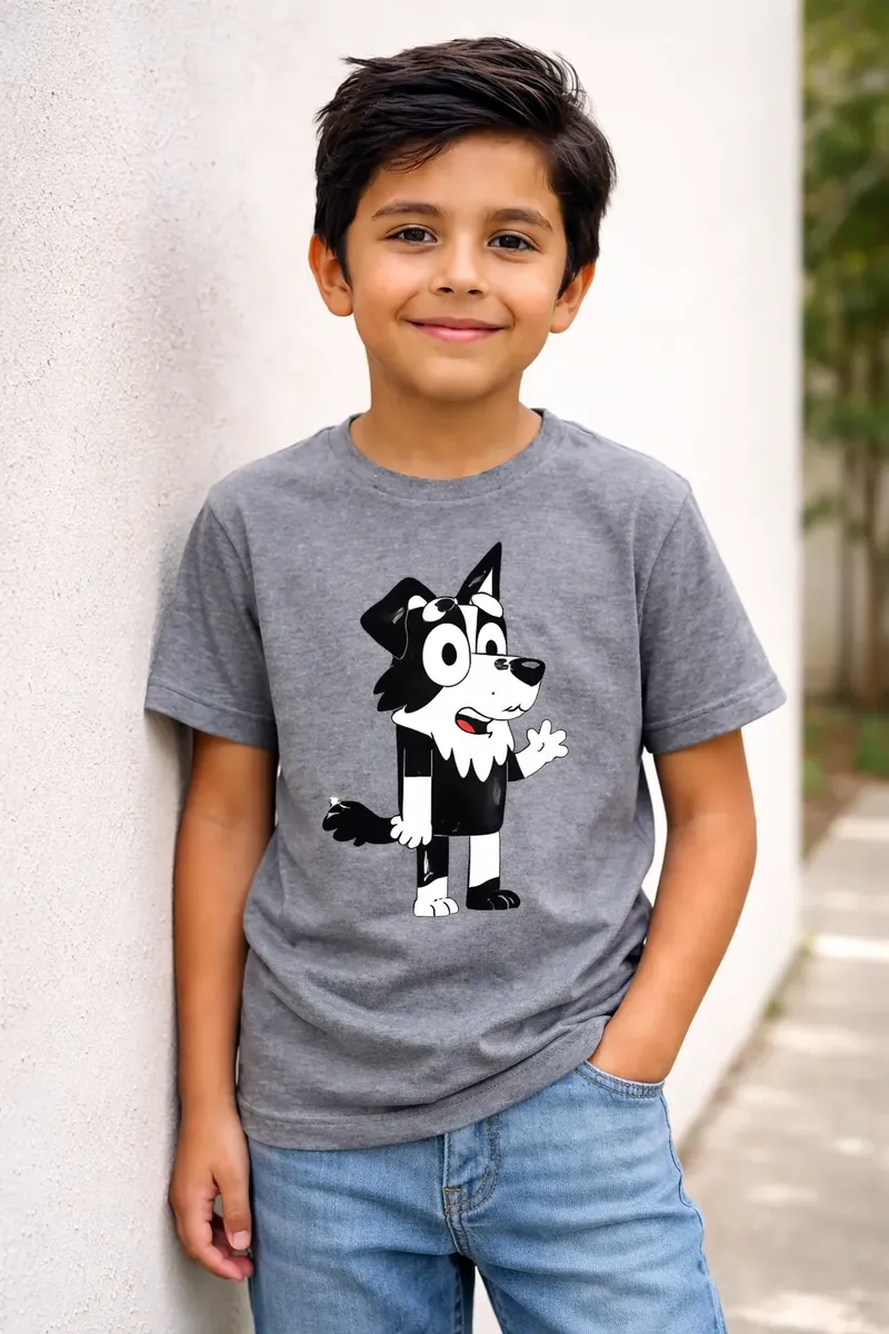 Camiseta Cinza Manga Curta Infantil Bluey Mackenzie mlr