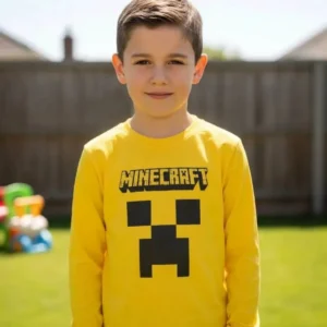 1 Camiseta Amarela Manga Longa Infantil Unissex Minecraft Creeper mlr