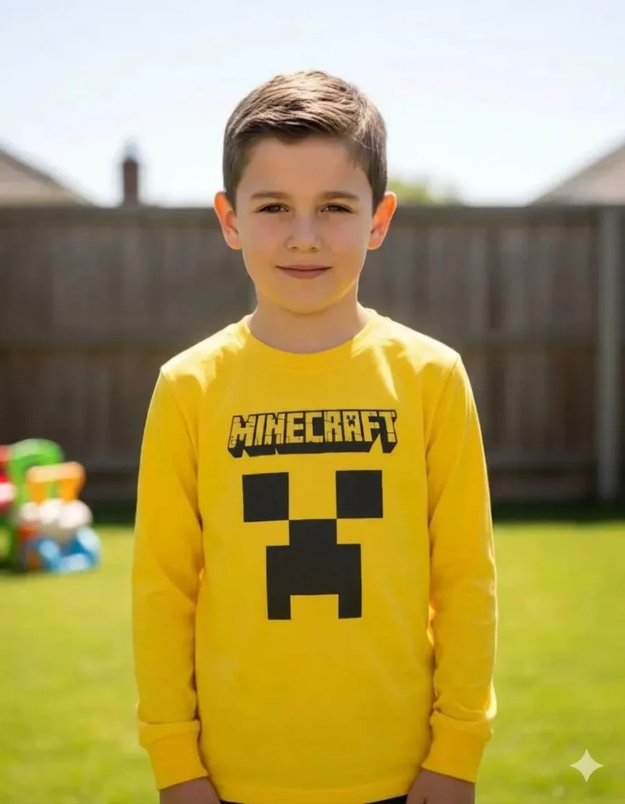 Camiseta Amarela Manga Longa Infantil Unissex Minecraft Creeper mlr