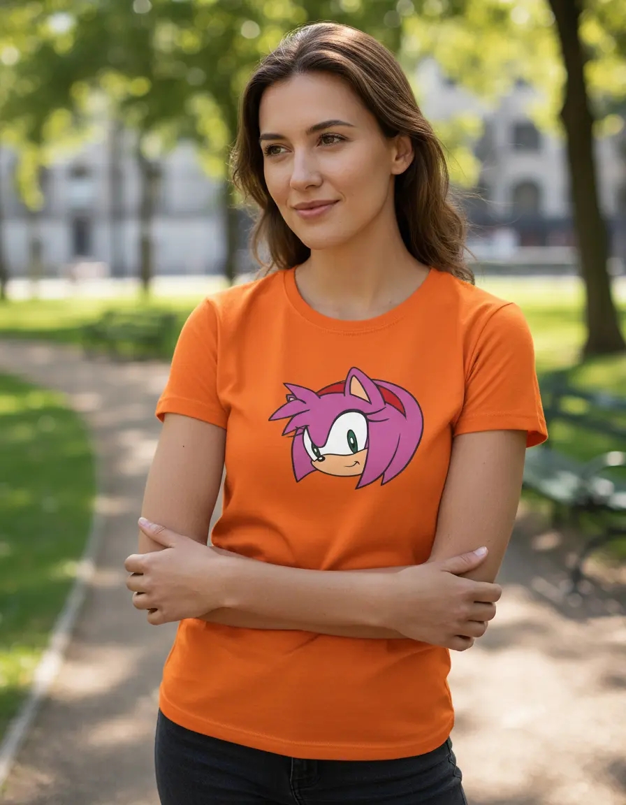 Camiseta Laranja Adulto Baby Look Feminina Amy Rose Sonic mlc