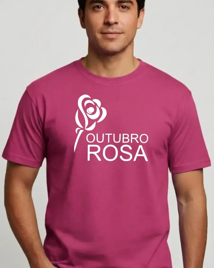 Camiseta Rosa Logo Branco Tradicional Adulto Unissex Outubro Rosa mlc