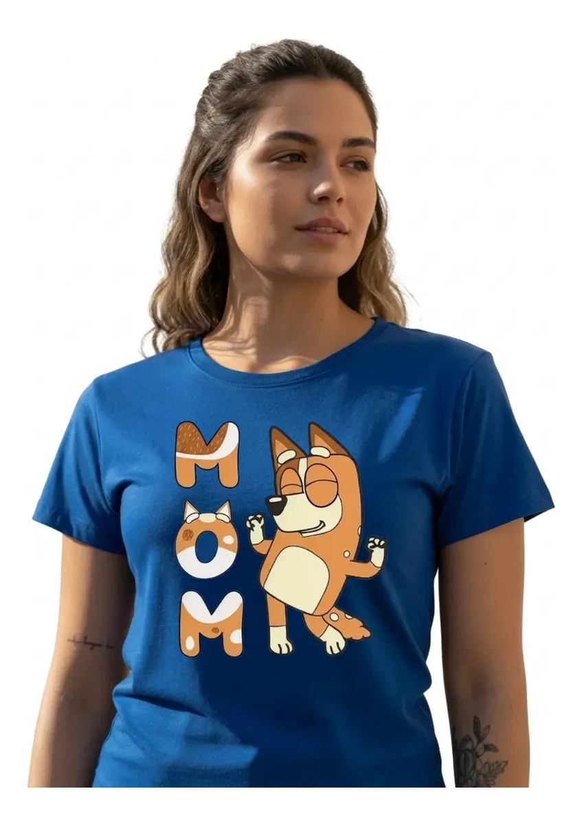 Camiseta Azul Baby Look Feminina Bluey Mãe mlr