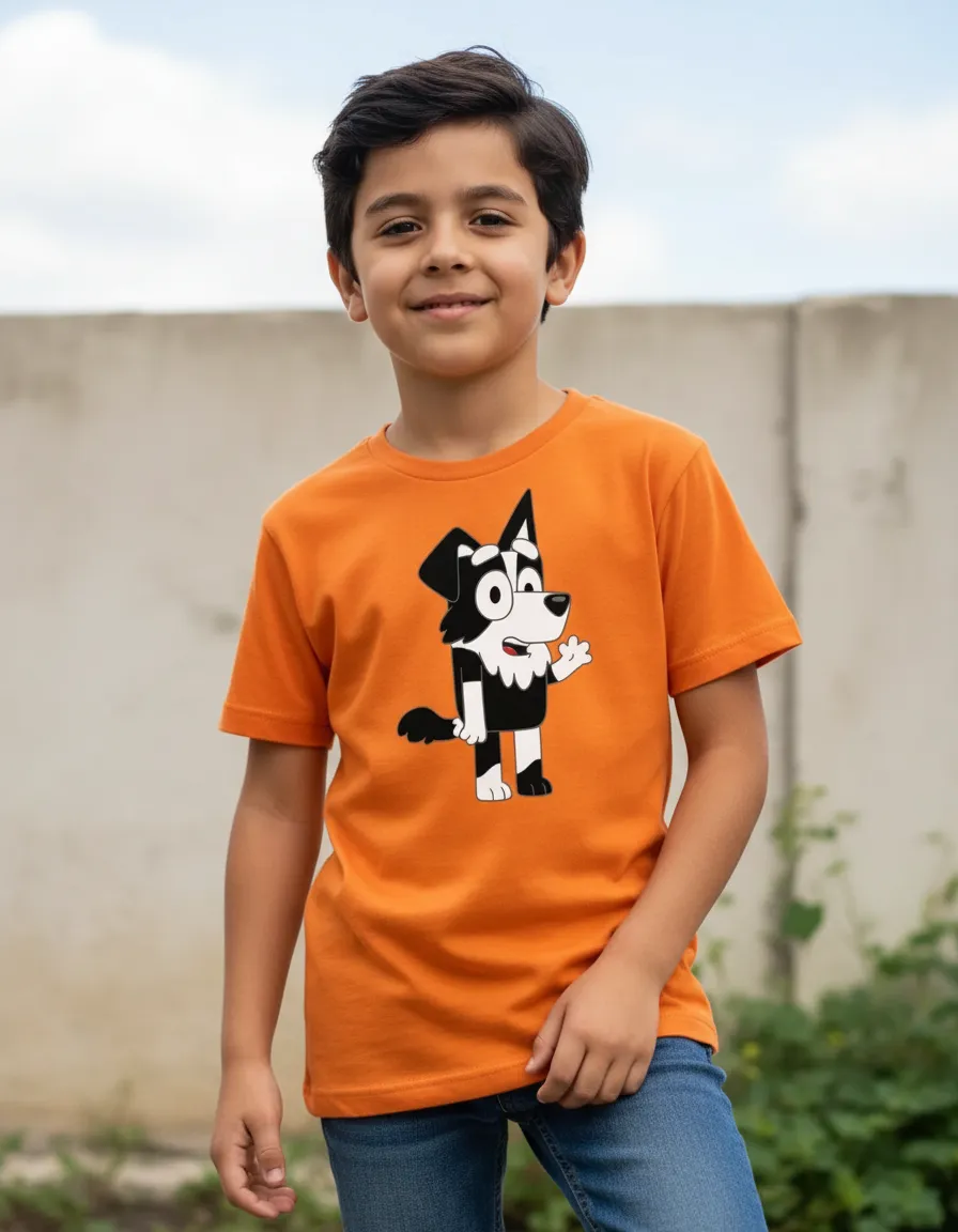 Camiseta Laranja Manga Curta Infantil Bluey Mackenzie mlc