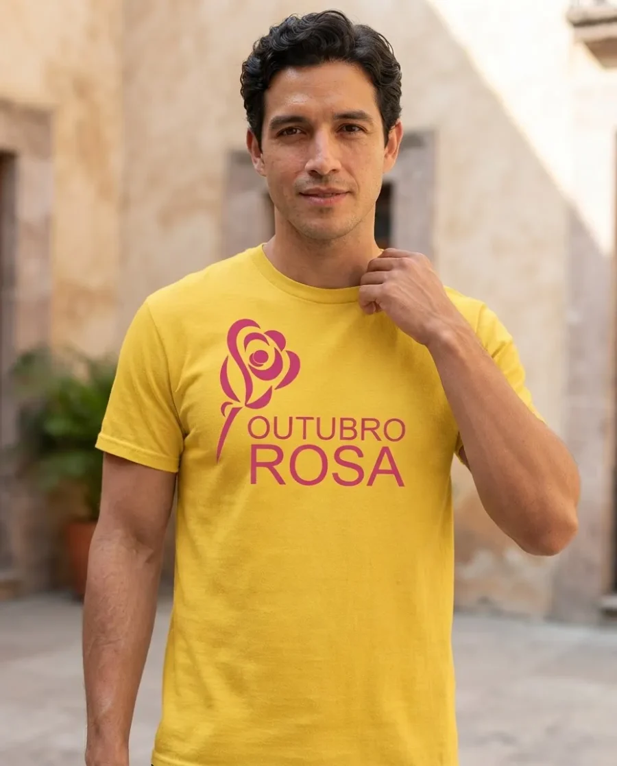 Camiseta Amarela Tradicional Adulto Unissex Outubro Rosa mlc