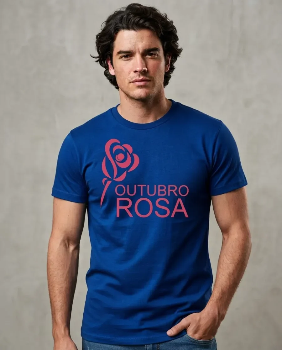 Camiseta Azul Tradicional Adulto Unissex Outubro Rosa mlc
