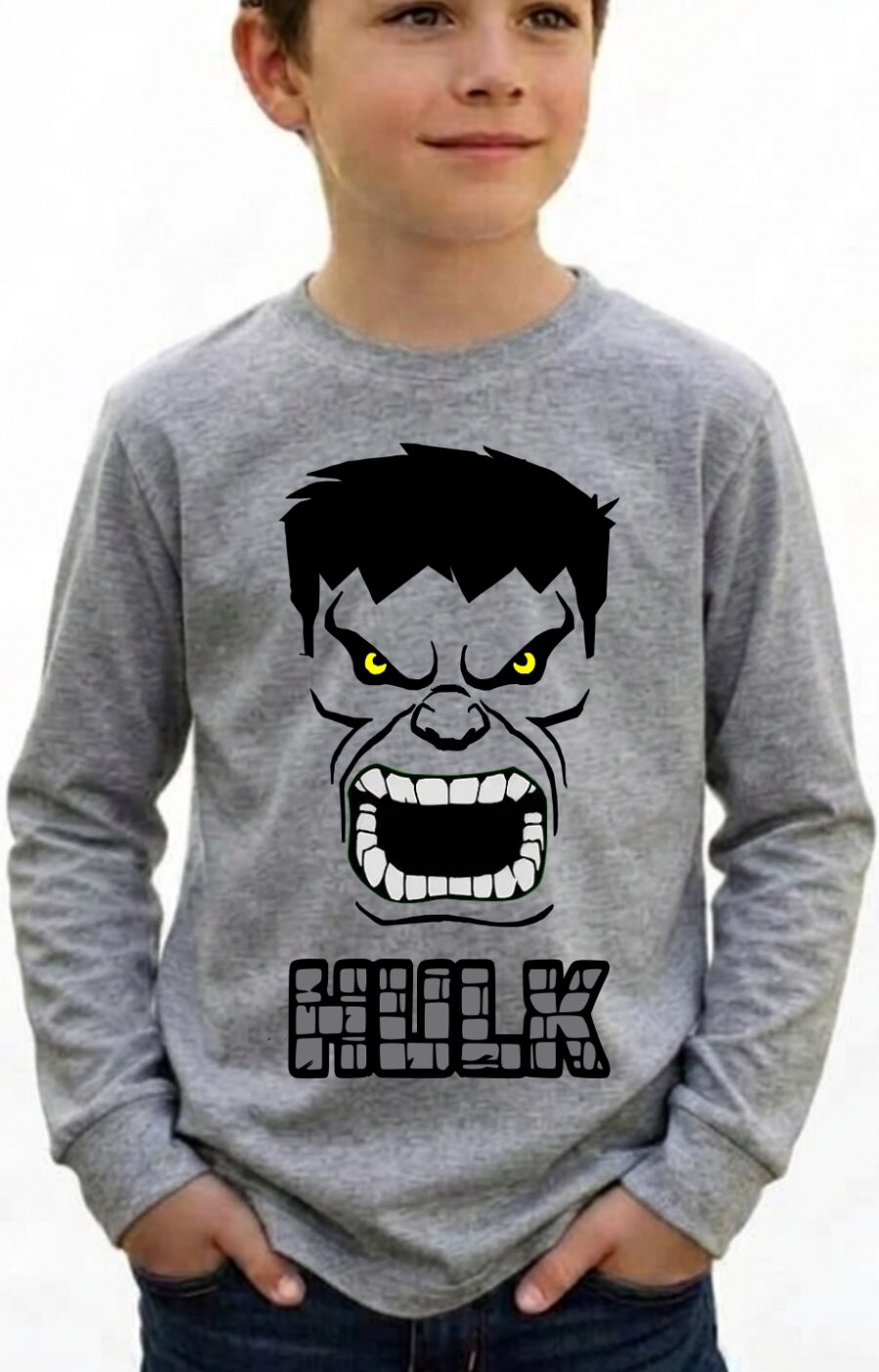 Camiseta Cinza Manga Comprida Longa Infantil Incrivel Hulk Verde mlc