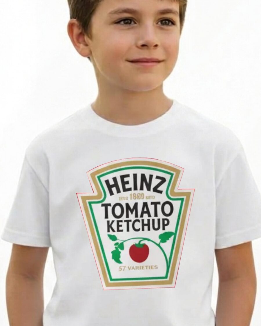 Camiseta Branca Manga Curta Unissex Infantil Ketchup Heinz mlr