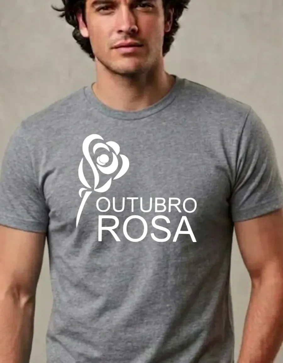Camiseta Cinza Tradicional Adulto Unissex Outubro Rosa mlc