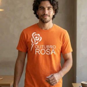1 Camiseta Laranja Tradicional Adulto Unissex Outubro Rosa mlc