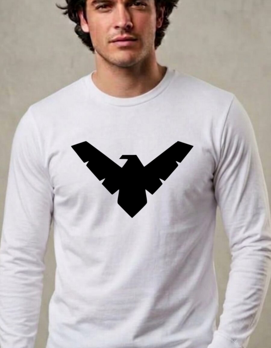 1 Camiseta Branca Adulto Preta Manga Longa Silk Screen Asa Noturna mlr