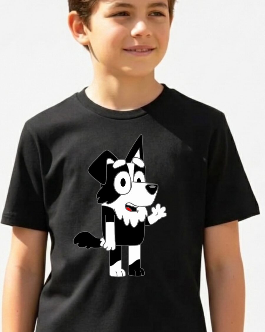 1 Camiseta Preta Infantil Personagem Mackenzie Bluey Amarela mlc