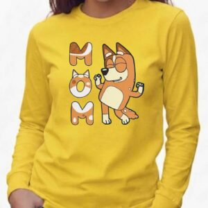 1 Camiseta Amarela Manga Longa Baby Look Bluey Mãe Branca mlc