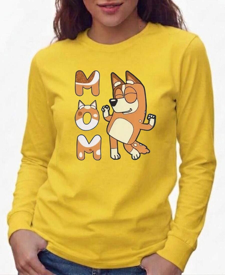 1 Camiseta Amarela Manga Longa Baby Look Bluey Mãe Branca mlc