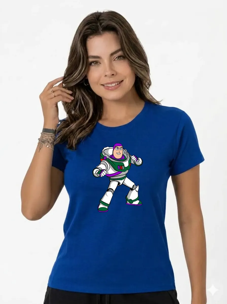 Camiseta Azul Mang Curt Baby Look Branca Buzz Lightyear Toy Story mlc