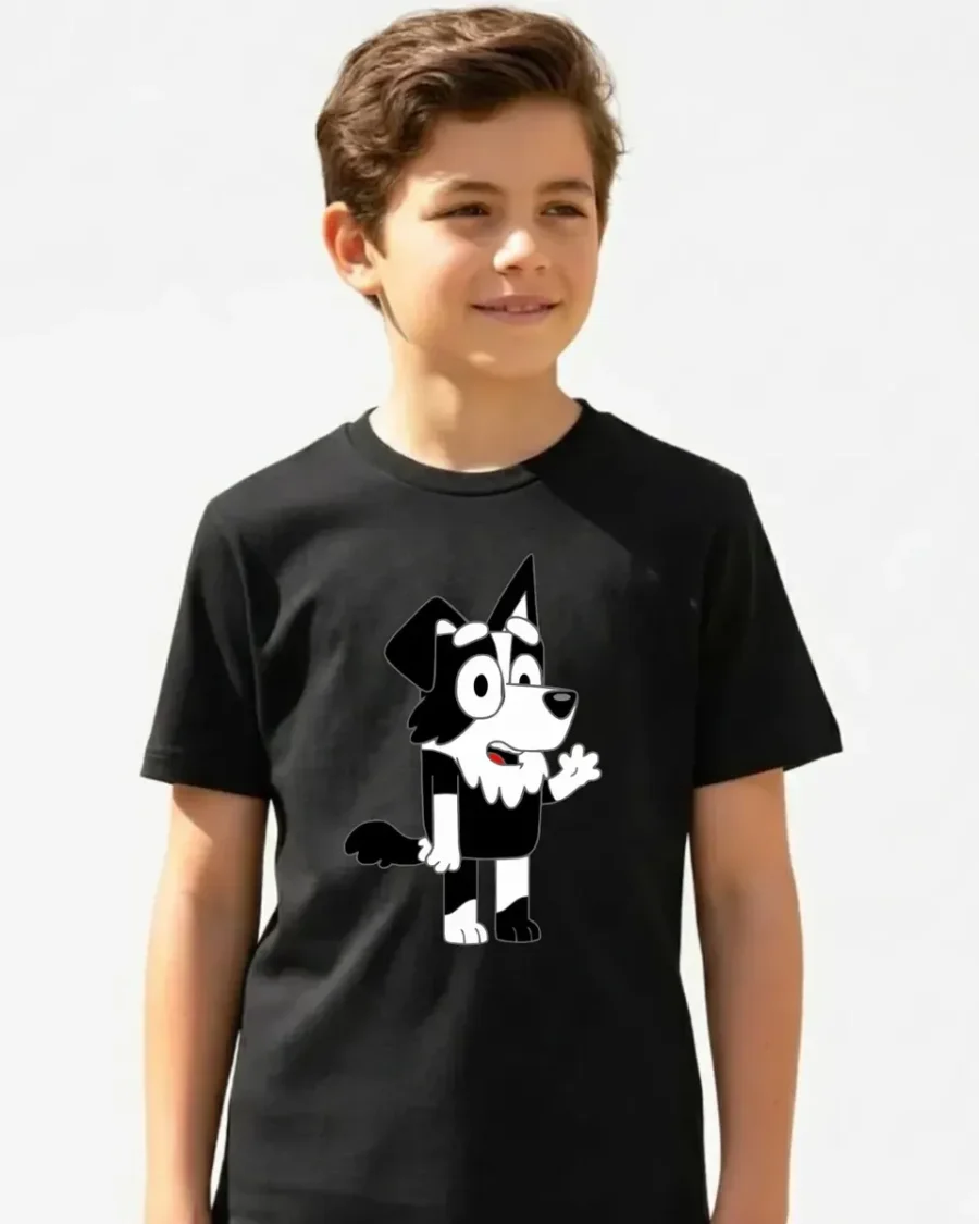 Camiseta Preta Manga Curta Infantil Bluey Mackenzie mlc