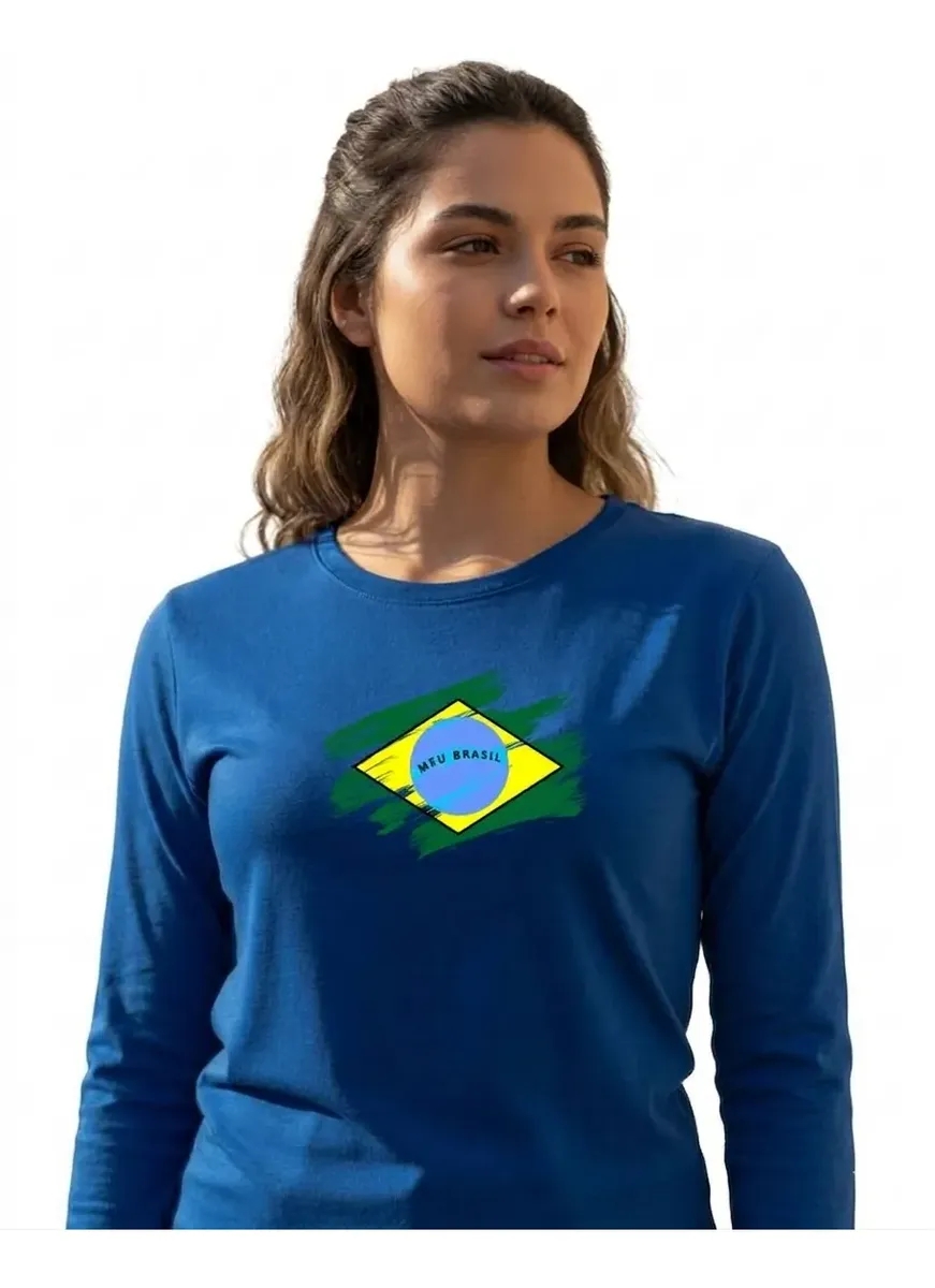 Camiseta Baby Look Manga Longa Azul Copa ( Meu Brasil ) mlc