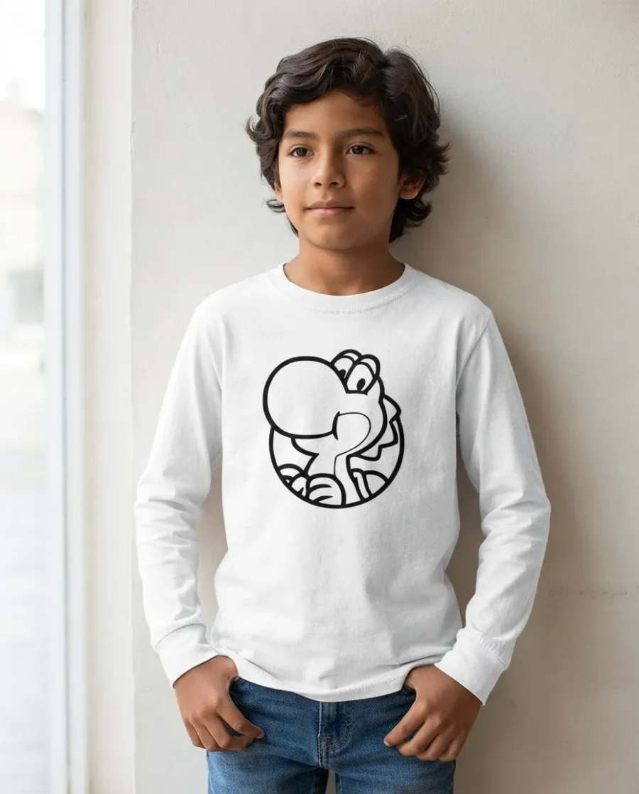 Camiseta Branca Manga Longa Unissex Infantil Verde Yoshi Mario Bros mlc