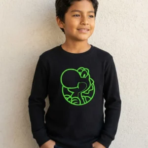 1 Camiseta Preta Manga Longa Unissex Infantil Verde Yoshi Mario Bros mlc