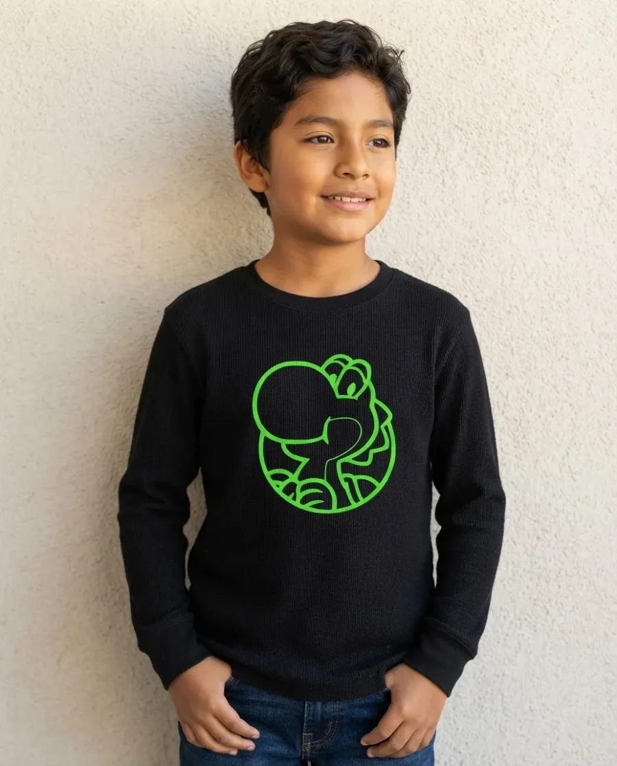Camiseta Preta Manga Longa Unissex Infantil Verde Yoshi Mario Bros mlc