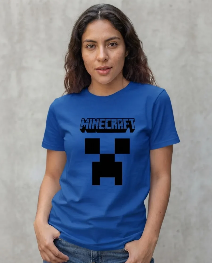 Camiseta Azul Manga Curta Baby Look Feminina Preta Minecraft mlr