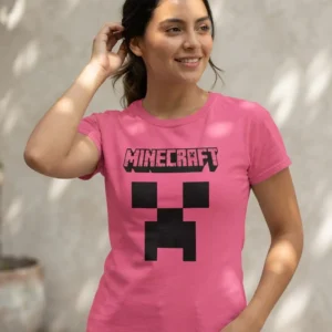 1 Camiseta Rosa Manga Curta Baby Look Feminina Azulroyal Minecraft mlc