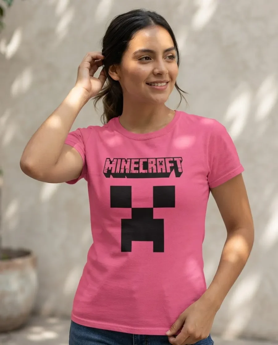 Camiseta Rosa Manga Curta Baby Look Feminina Azulroyal Minecraft mlc