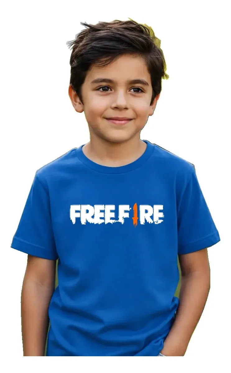 Camiseta Azul Manga Curta Preta Infantil Unissex Free Fire mlr
