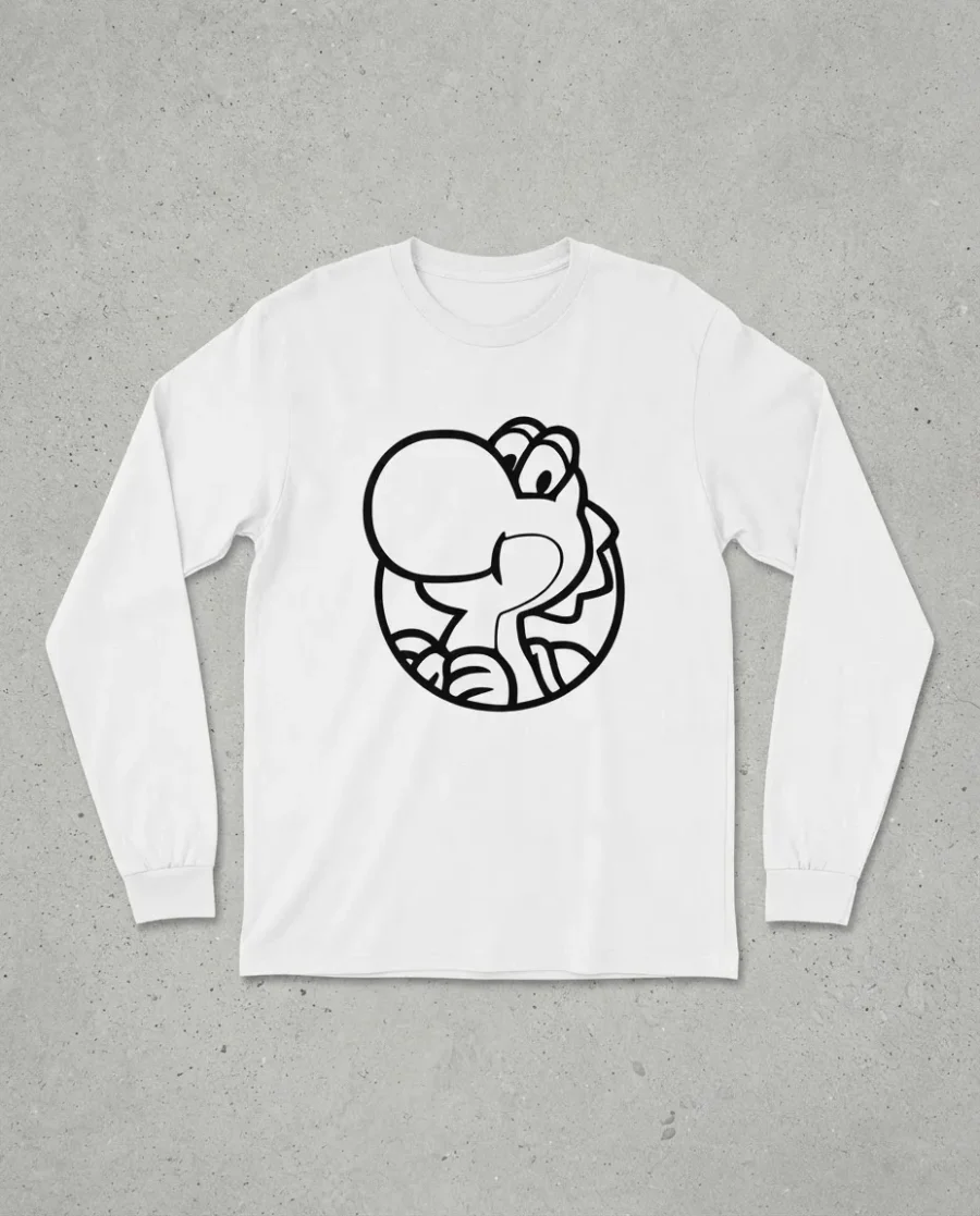 Camiseta Branca Manga Longa Unissex Infantil Verde Yoshi Mario Bros mlc