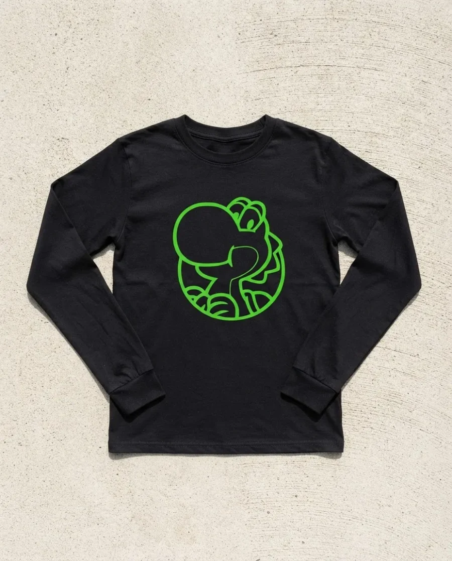 Camiseta Preta Manga Longa Unissex Infantil Verde Yoshi Mario Bros mlc