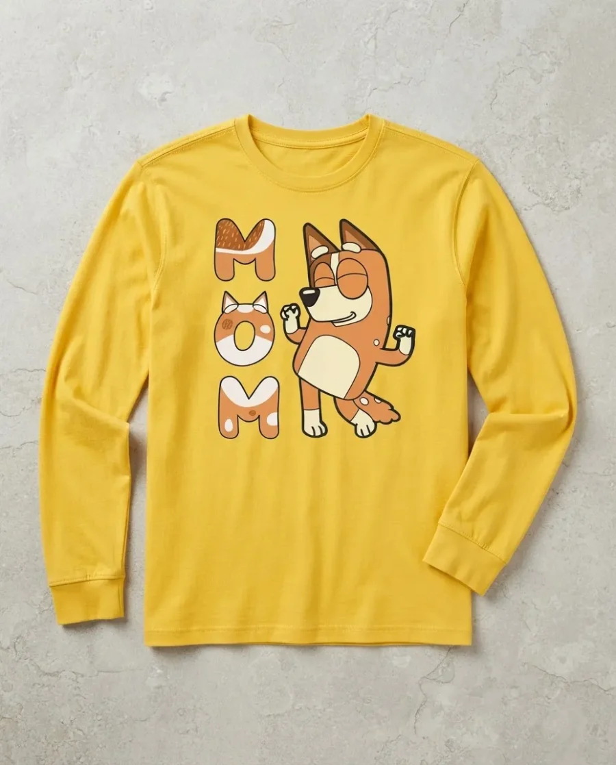 2 Camiseta Amarela Manga Longa Baby Look Bluey Mãe Branca mlc