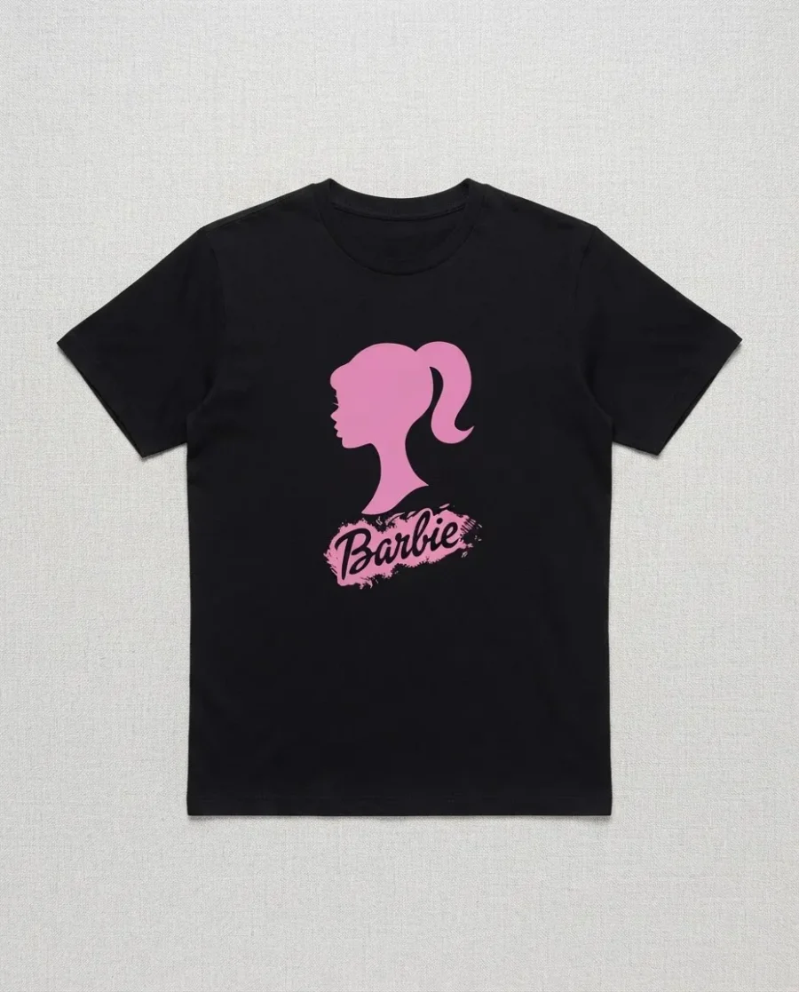 Camiseta Preta Manga Curta Adulto Unissex Rosa Barbie mlc