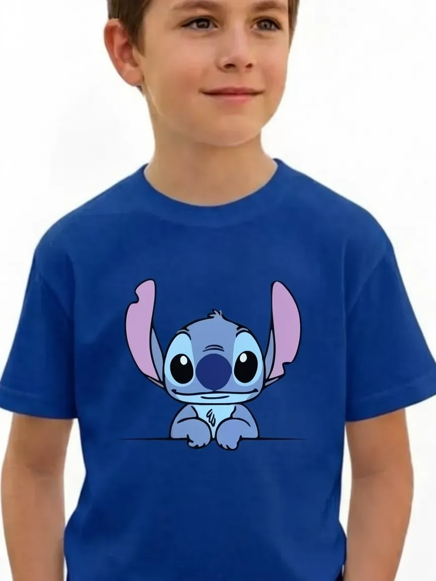 2 Camiseta Azul Royal Infantil Unissex Stitch mlc